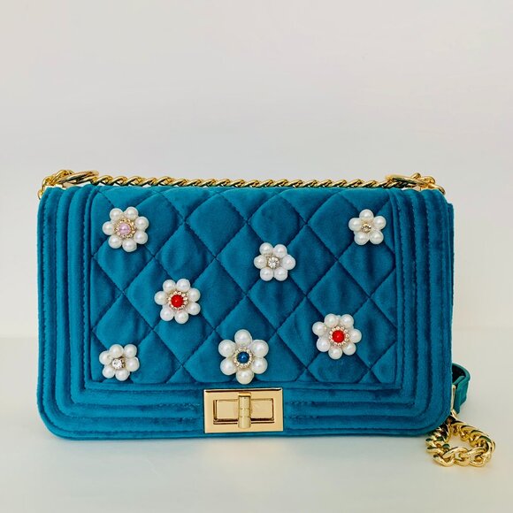 Garell Teal Quilted Velvet Crossbody Handbag Hand Embellished with Pearls - Picture 1 of 4